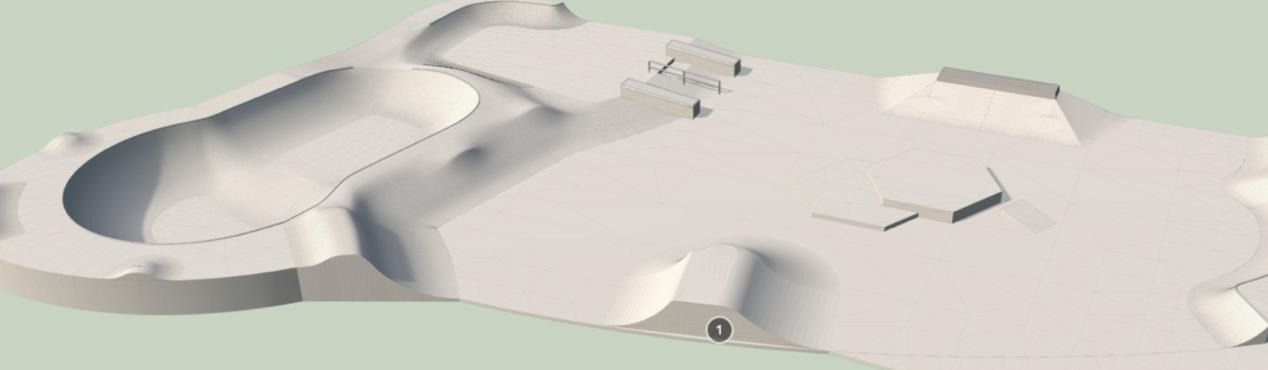 3D render of the final Torpoint Skatepark design, showing a bowl, street ledges and a hip ramp